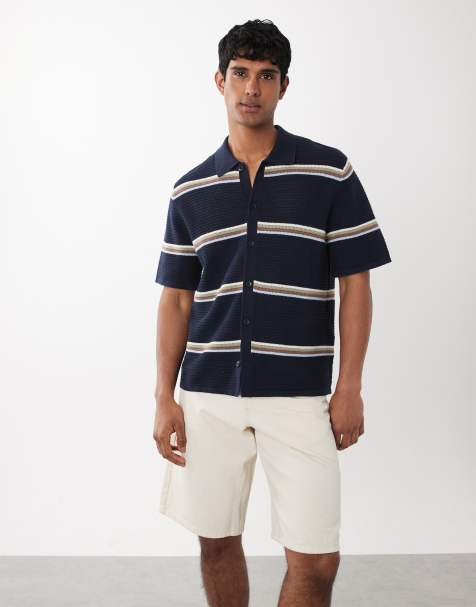 Jack & Jones - Marineblå strikket skjorte med knapper og multifarvede striber - view 1