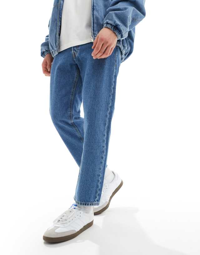 Jack & Jones - mark wide cropped rigged jean in mid blue wash