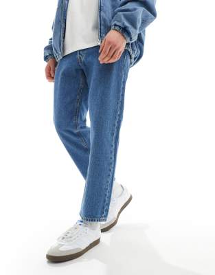 Jack & Jones Mark Wide Cropped Rigid Jeans In Mid Blue Wash