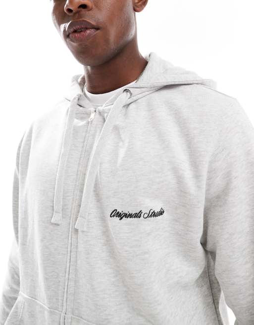 Jack & Jones - Meleret lysegrå hættetrøje med gennemgående lynlås og logo, 4 af 4
