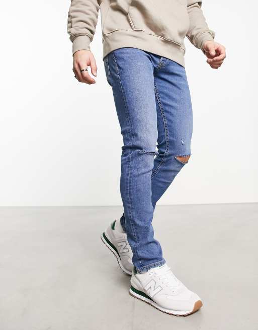 Jack & Jones – Mellanblå, smala jeans med revor
