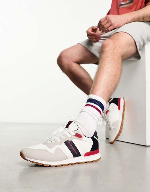 Jack & Jones mesh runner sneakers with contrast panel in white 