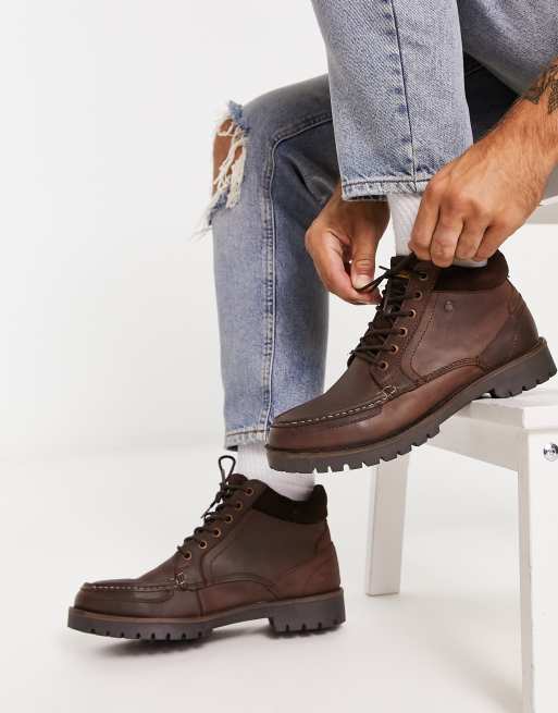 Jack & Jones leather lace up boots with cuff in brown