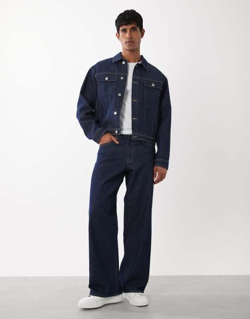 Jack & Jones – Mörkblå, tvättad, randig jeansjacka, del av set, 2 av 5