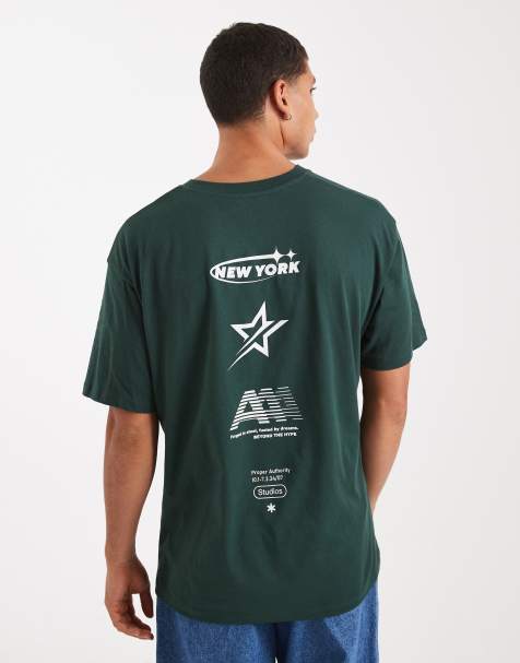 Jack & Jones – Mörkgrön t-shirt med New York-tryck baktill - view 1