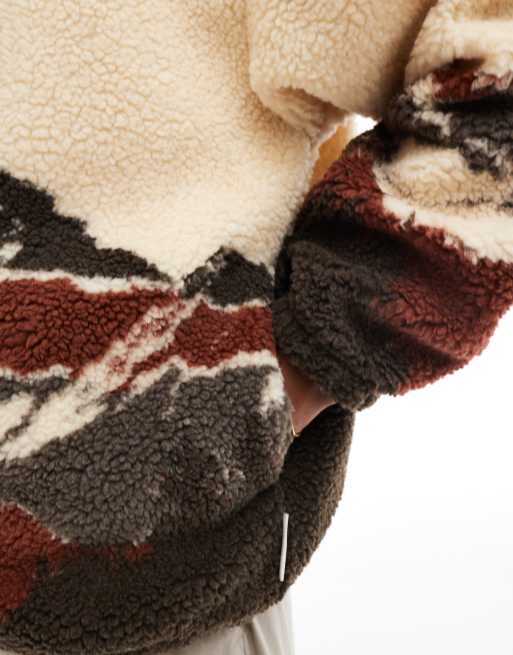 Jack & Jones mountain print zip through borg fleece in beige , 3 of 4