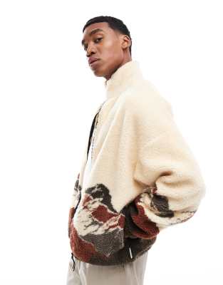 Jack & Jones Mountain Print Zip Up Borg Fleece In Neutral