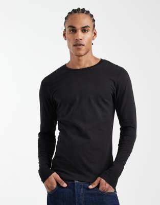 Jack & Jones Essentials Longline Long Sleeve T-shirt With Curve Hem In Black