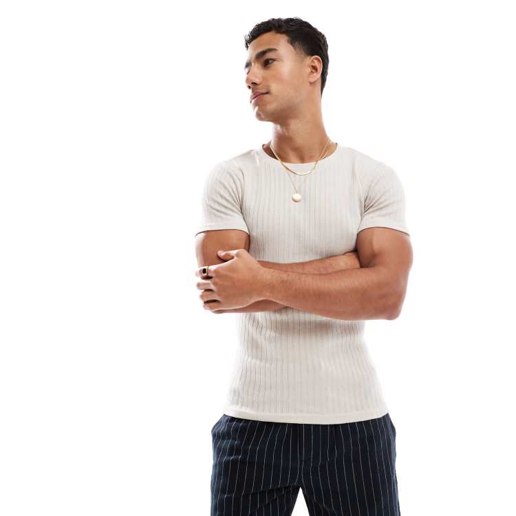 Jack & Jones muscle fit ribbed t-shirt in beige | ASOS