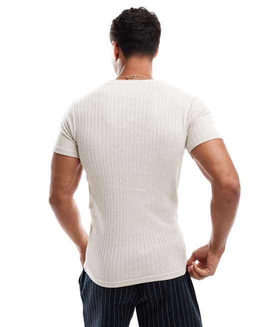 Jack & Jones muscle fit ribbed t-shirt in beige