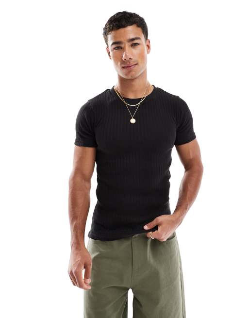 Jack & Jones muscle fit ribbed t-shirt in black