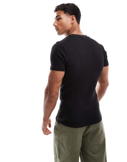 Jack & Jones muscle fit ribbed t-shirt in black
