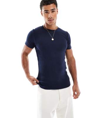 Jack & Jones muscle fit ribbed T-shirt in navy - view 1