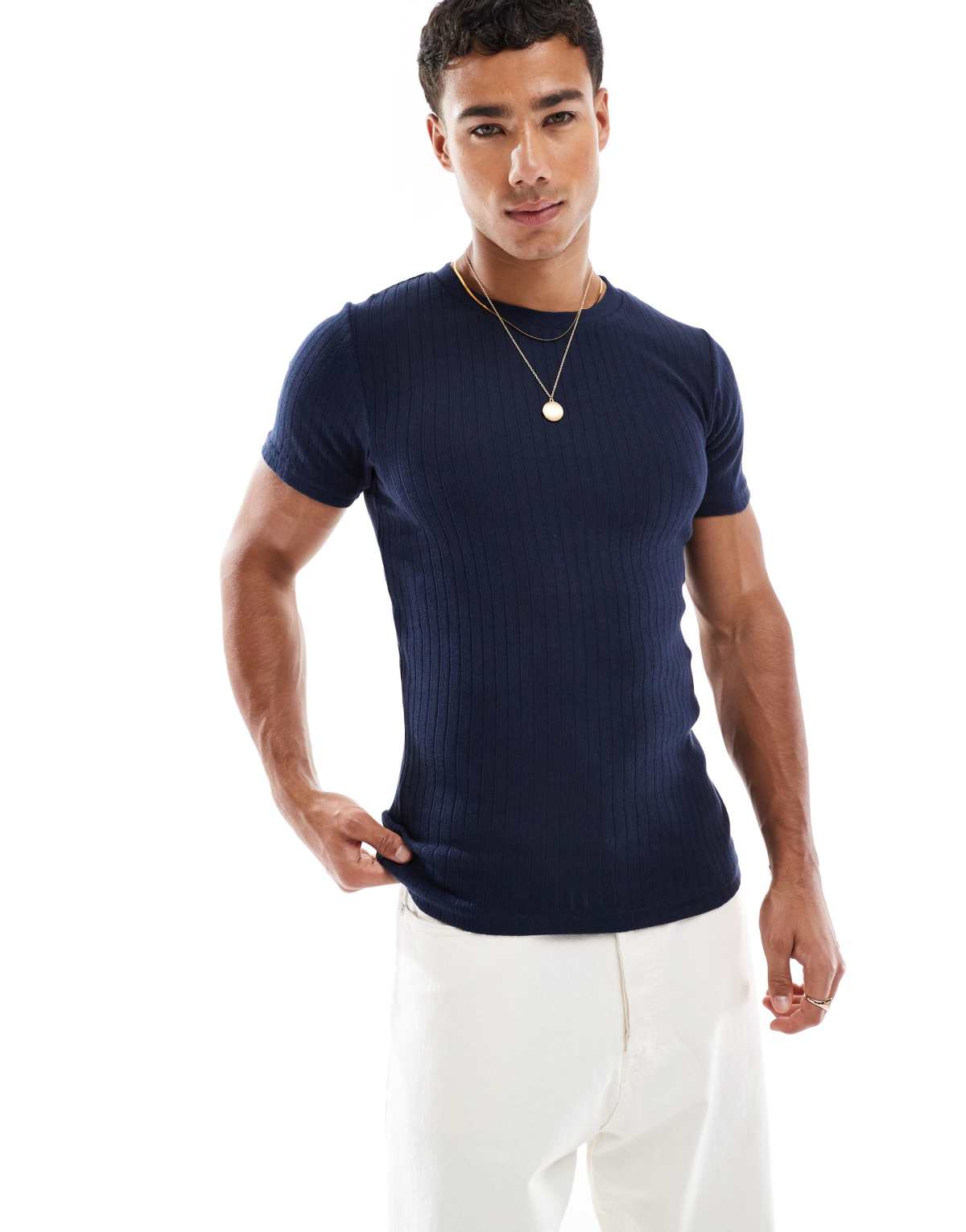 Jack & Jones muscle fit ribbed t-shirt in navy