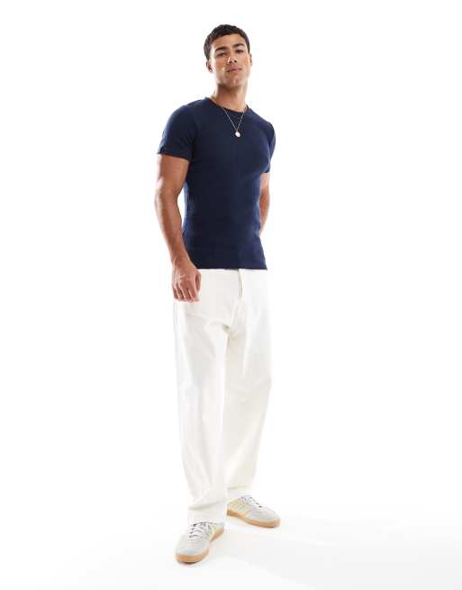 Jack & Jones - T-shirt côtelé moulant - Bleu marine
