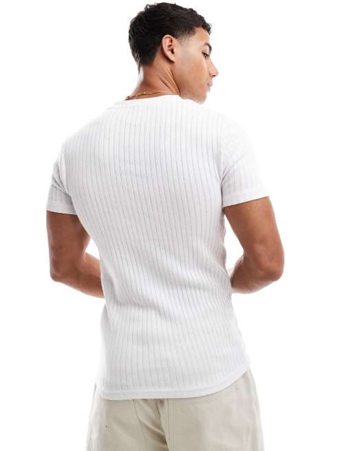 Jack & Jones muscle fit ribbed t-shirt in white