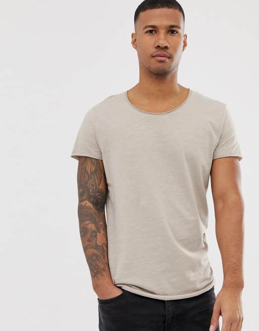 Jack & Jones - Musthaves lang T-shirt met lage ronde hals in beige