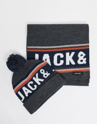 Jack & Jones – Mütze & Schal mit Logo in Grau im Geschenkset