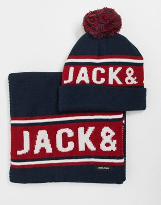 Jack & Jones – Mütze und Schal in Marineblau mit Logo als Geschenkset