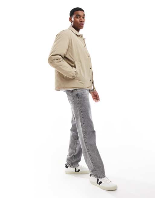 Jack & Jones nylon button through coach jacket in beige | ASOS