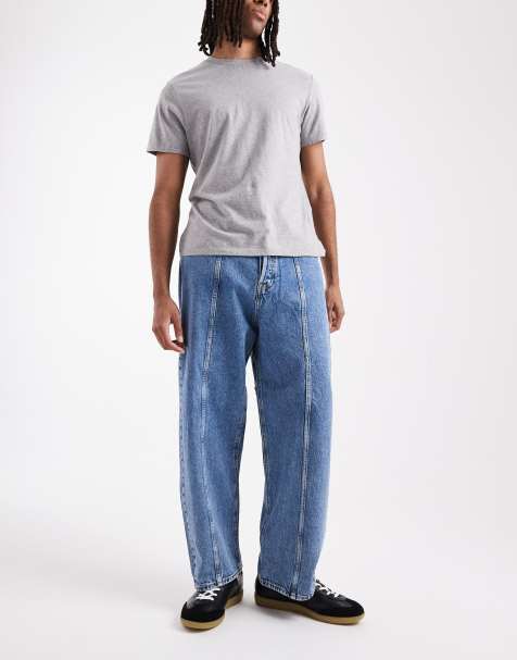 Jack & Jones baggy fit jeans with seam detail in mid blue