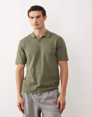 Jack & Jones open collar knit polo shirt in khaki green | ASOS