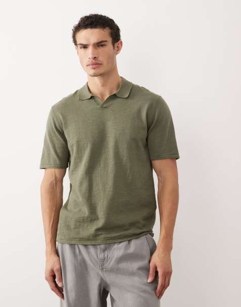Jack & Jones open collar knit polo shirt in khaki green - view 1