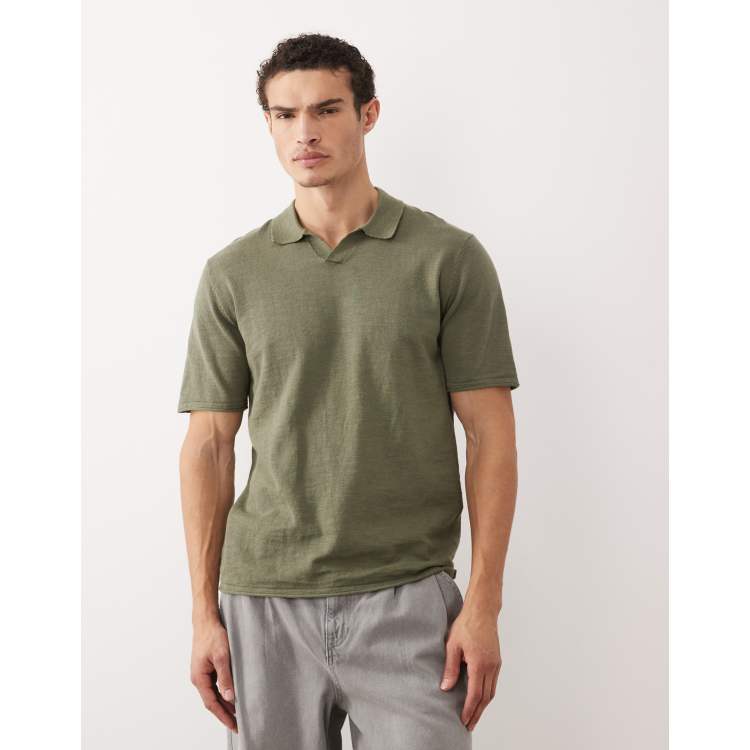 Jack & Jones open collar knit polo shirt in khaki green | ASOS