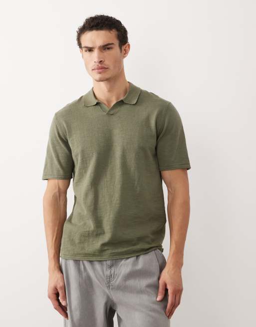 Jack & Jones open collar knit polo shirt in khaki green | ASOS