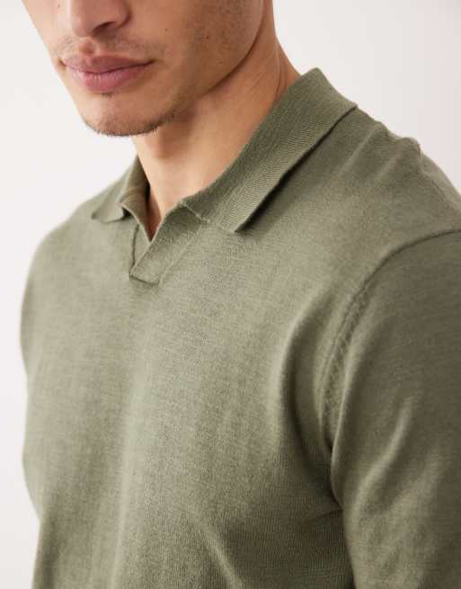 Jack & Jones open collar knit polo shirt in khaki green, 3 of 5