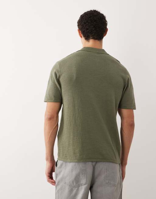 Jack & Jones open collar knit polo shirt in khaki green, 4 of 5