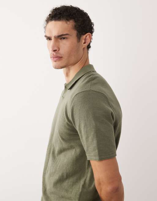 Jack & Jones open collar knit polo shirt in khaki green, 5 of 5