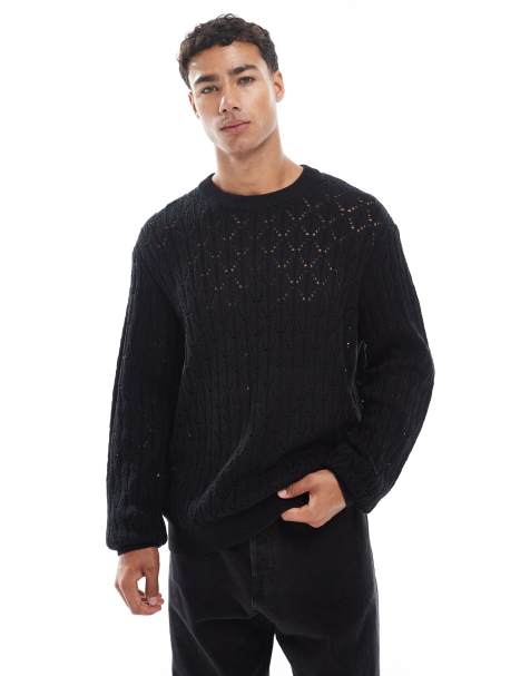 Jack & Jones open knit jumper in black - view 1