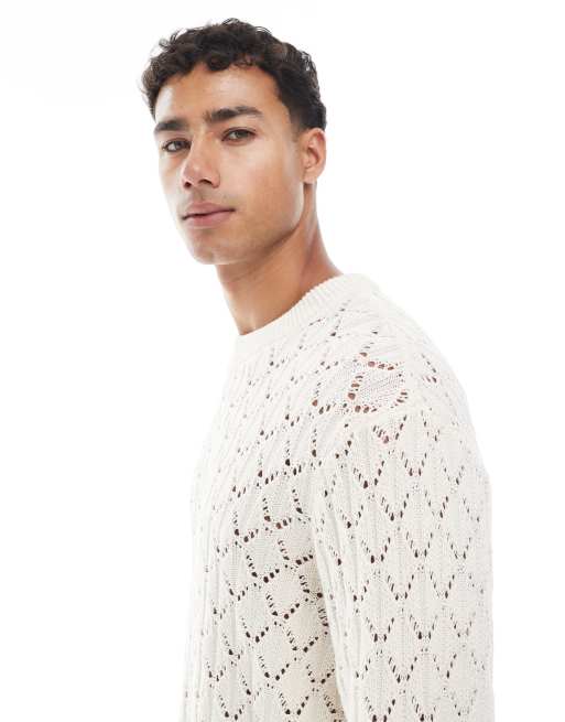 Jack & Jones open knit jumper in cream, 3 of 5
