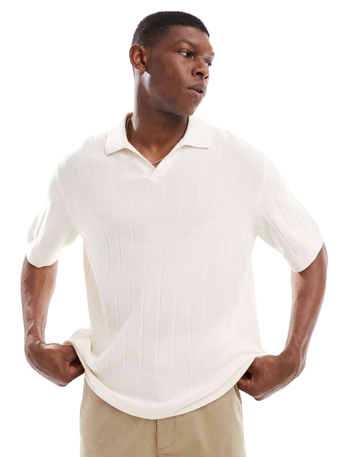 Jack & Jones open neck polo in rib in cream