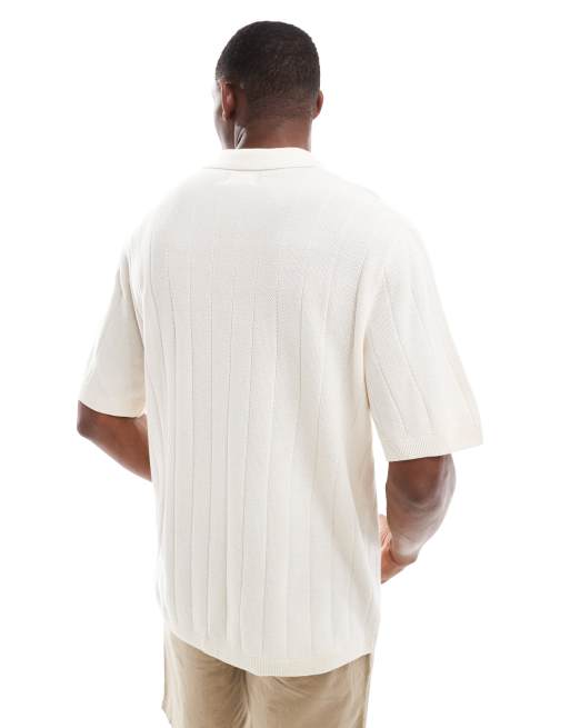 Jack & Jones open neck polo in rib in cream, 3 of 4