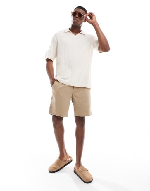 Jack & Jones open neck polo in rib in cream, 4 of 4