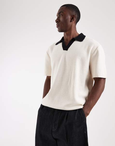 Jack & Jones open neck polo knit with contrast collar in off white - view 1