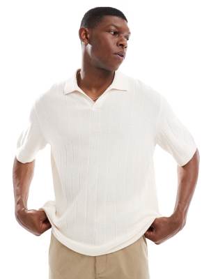 open neck rib knit polo shirt in cream-White
