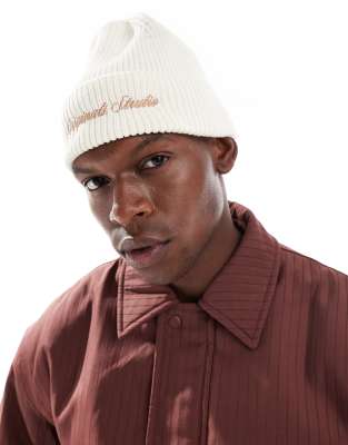 Jack & Jones Jack & Jones original studio embroided rib beanie in cream-White