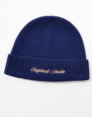 Jack & Jones Original Studio Embroided Rib Beanie In Blue