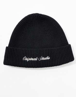 Jack & Jones Original Studio Embroidered Rib Beanie In Black