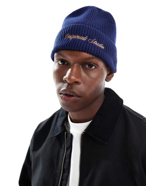 Jack & Jones – Original Studio – Mütze aus Rippstrick in Navy mit Stickerei - view 1