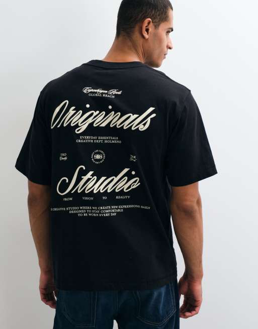 Jack & Jones original studios oversized T-shirt i sort med hvidt skriftprint på ryggen, 1 af 5