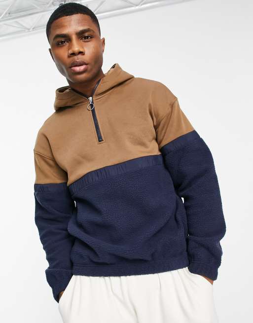 Jack & Jones Originals 1/4 zip fleece hoodie in colourblock navy | ASOS