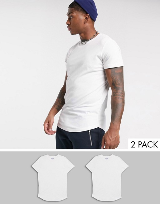 Jack & Jones Originals 2 pack longline curved hem t-shirt in white
