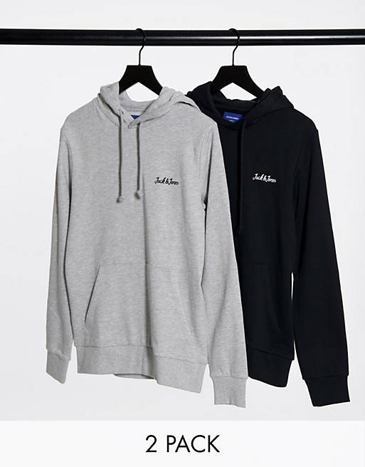 Jack & Jones Originals 2 pack hoodies with script logo in black & grey