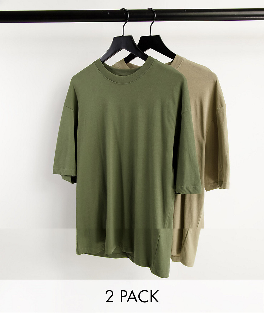 Jack & Jones Originals 2 pack oversize t-shirt in beige & khaki-Green