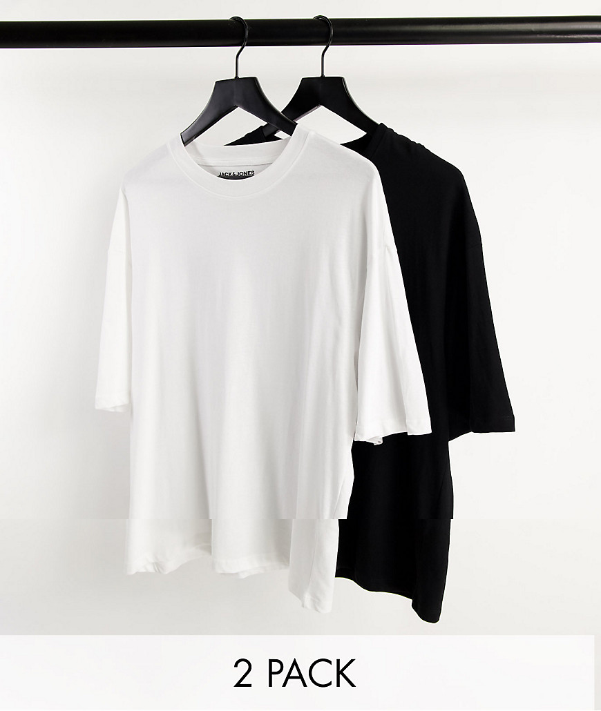 Jack & Jones Originals 2 pack oversize t-shirt in black & white