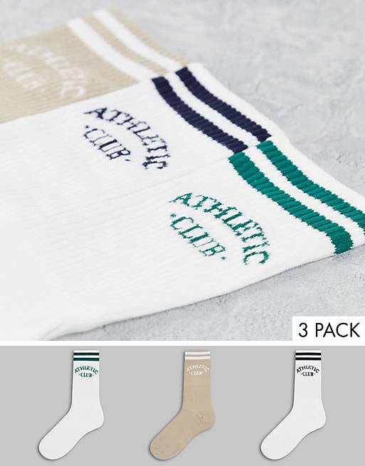 Jack & Jones Originals 3 pack crew socks with logo in white and brown